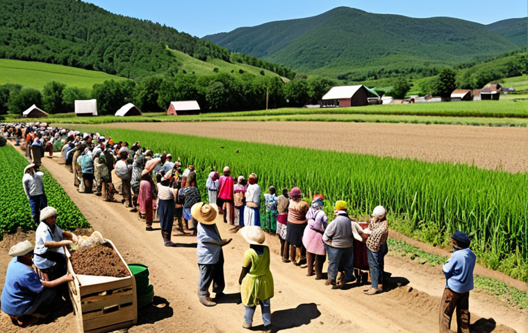 A vibrant community scene embodying the "human heart" of cooperatives. Diverse individuals, including farmers, artisans, and families, are shown collaborating harmoniously, sharing knowledge, and celebrating collective achievements in a warm, trusting environment. Emphasize mutual support, democratic participation, and a sense of belonging, with elements of local businesses and a thriving natural landscape in the background, signifying shared prosperity and community well-being.