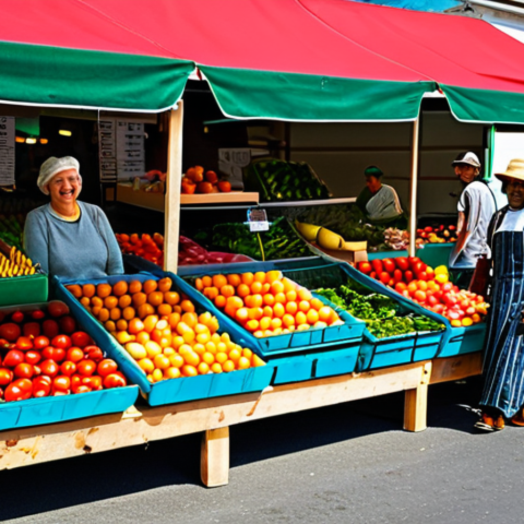 Organic Farmers Market**
"A vibrant outdoor farmers market showcasing local, organic produce, fully clothed vendors smiling and interacting with customers, colorful displays of fruits and vegetables, appropriate attire, safe for work, perfect anatomy, natural proportions, professional photography, family-friendly, modest clothing, bright daytime lighting, focus on freshness and community."
**