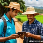 Home 20 협동조합의 혁신적인 서비스 개발 - A vibrant rural Brazilian cooperative scene showing diverse farmers using smartphones and tablets to...