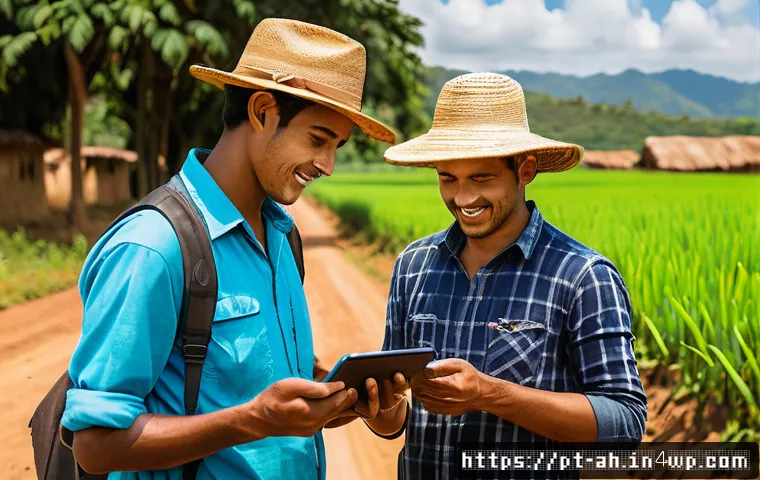 협동조합의 혁신적인 서비스 개발 - A vibrant rural Brazilian cooperative scene showing diverse farmers using smartphones and tablets to...