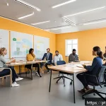 Home 19 협동조합 창업을 위한 아이디어 브레인스토밍 - A modern cooperative meeting room bathed in natural light, featuring soft pastel-colored walls and c...