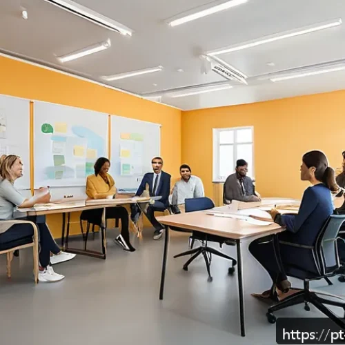 Home 31 협동조합 창업을 위한 아이디어 브레인스토밍 - A modern cooperative meeting room bathed in natural light, featuring soft pastel-colored walls and c...