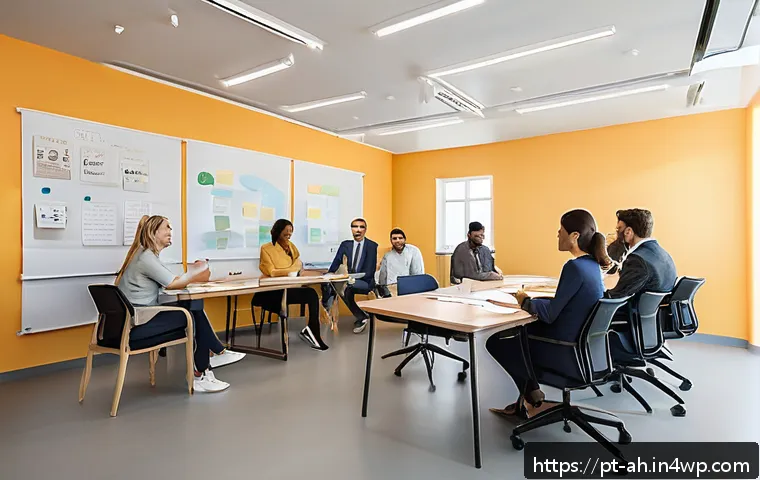 협동조합 창업을 위한 아이디어 브레인스토밍 - A modern cooperative meeting room bathed in natural light, featuring soft pastel-colored walls and c...
